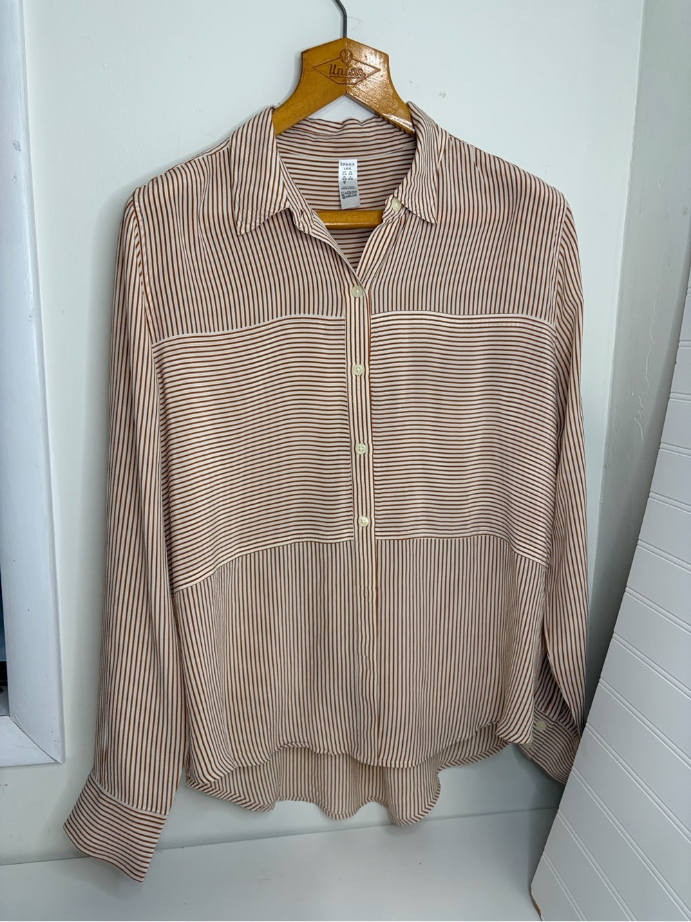 SPANX Beige and Brown Stripe Button-Front Silk Blouse